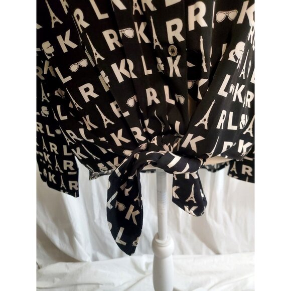 Karl Lagerfeld Paris Black&White Button Up Logo Shirt Large Monochrome Tie Front - Picture 5 of 16